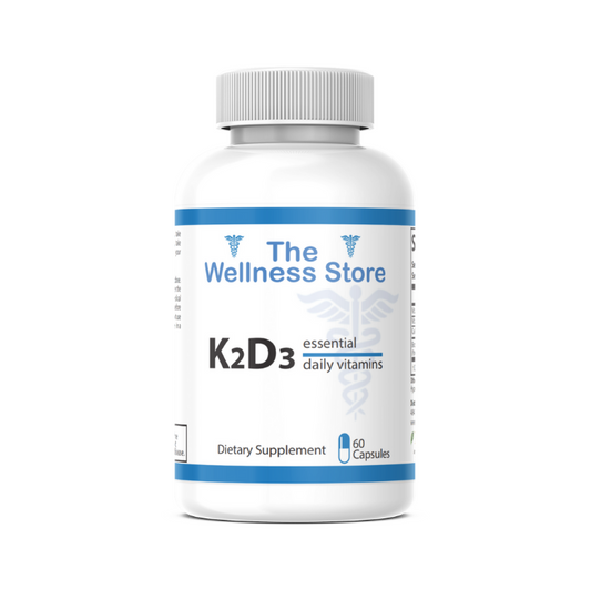 Supplement bottle labeled 'K2D3' from 'The Wellness Store' on a white background