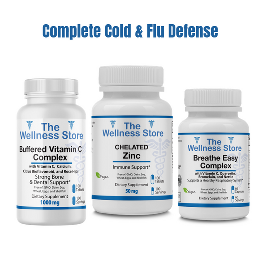 Three supplement bottles from The Wellness Store on a white background with text 'Complete Cold & Flu Defense'.