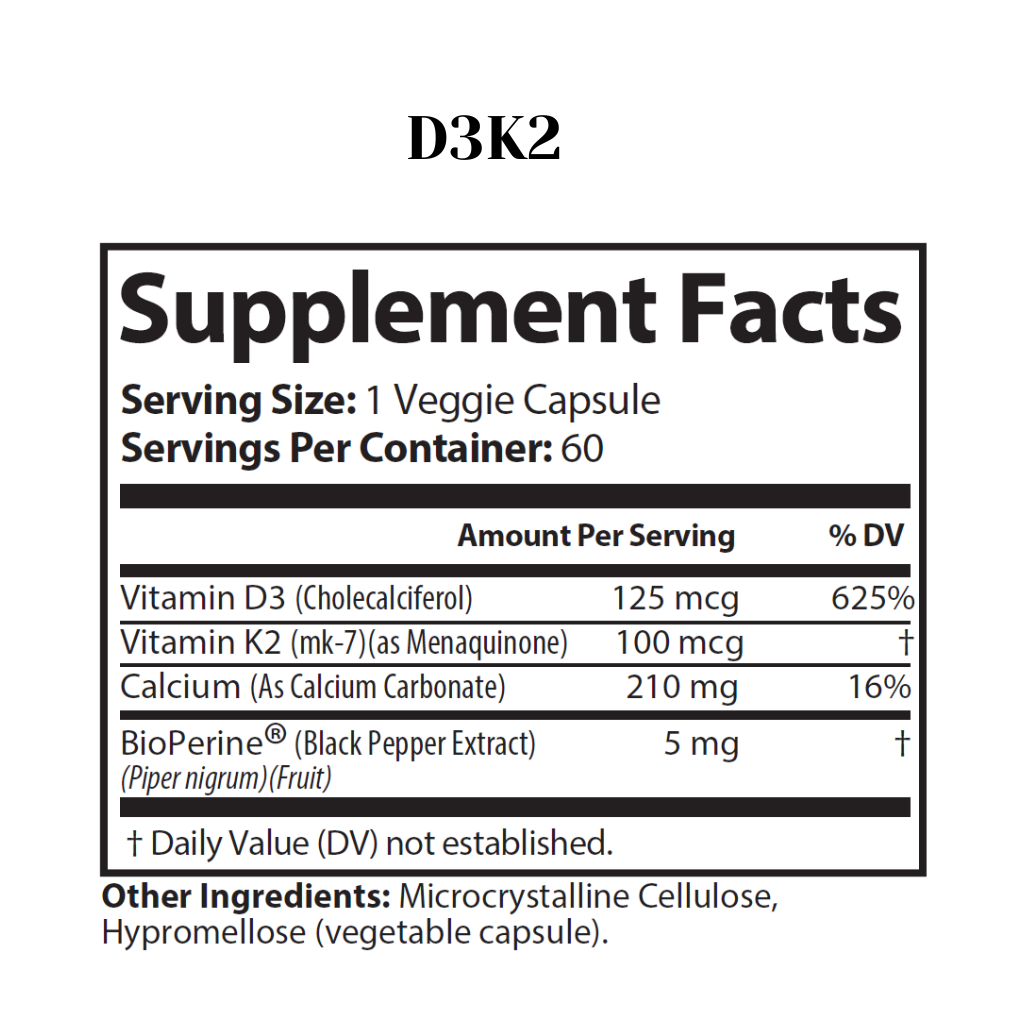 Supplement facts label for D3K2 with detailed nutritional information.