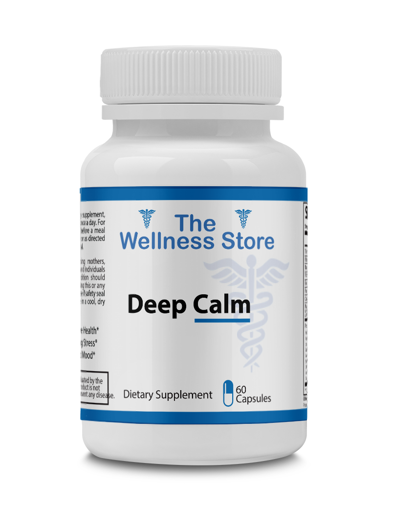 Supplement bottle labeled 'Deep Calm' from 'The Wellness Store' on a white background