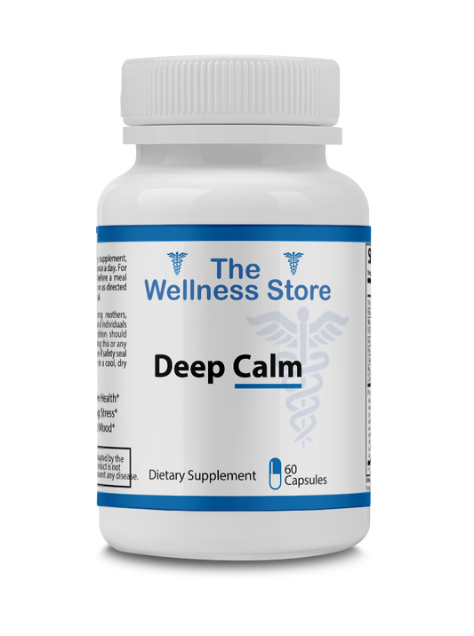 Supplement bottle labeled 'Deep Calm' from 'The Wellness Store' on a white background