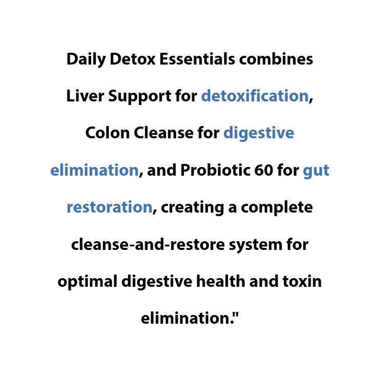 Text describing Daily Detox Essentials with product benefits on a white background