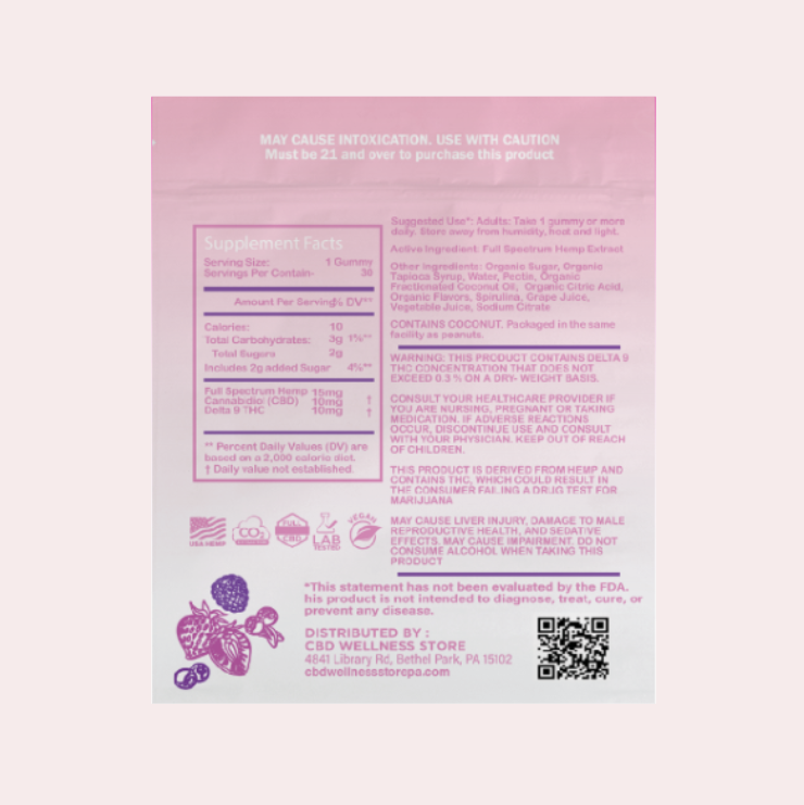 Back of a product packaging with text and symbols on a pink background