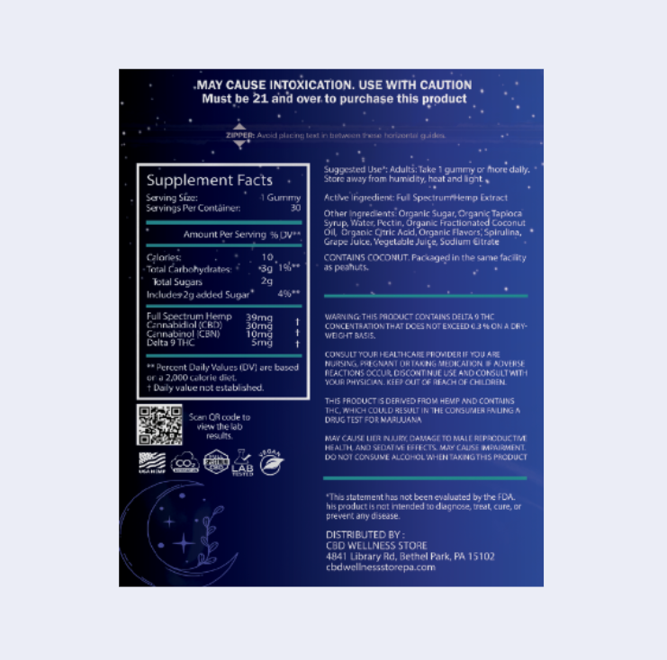 Supplement label with text and logos on a blue background