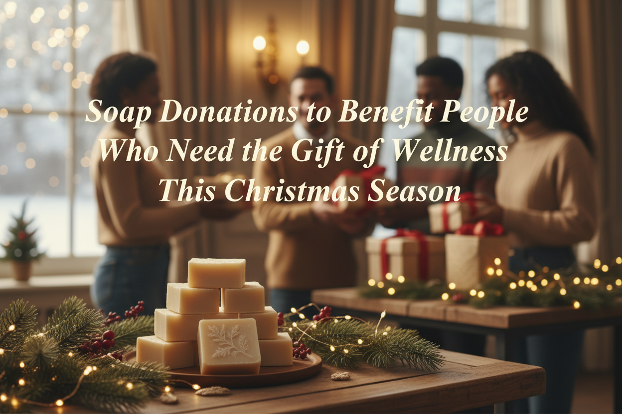 Stack of soap bars on a table with people in the background, text overlay about soap donations for wellness.