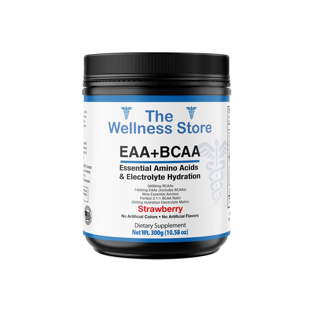 Recovery Supplement container labeled 'The Wellness Store EAA+BCAA' on a white background