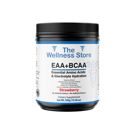 Recovery Supplement container labeled 'The Wellness Store EAA+BCAA' on a white background