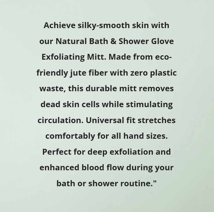 Text description of a natural bath and shower glove exfoliating mitt on a light green background