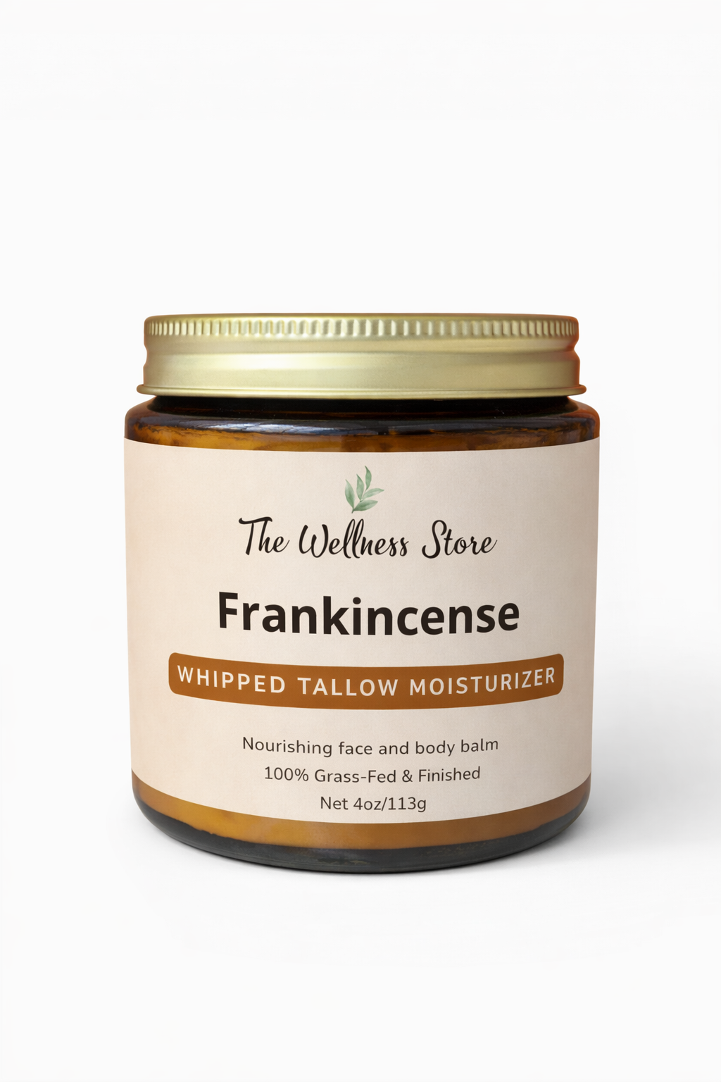 Jar of Frankincense Whipped Tallow Moisturizer from The Wellness Store on a white background