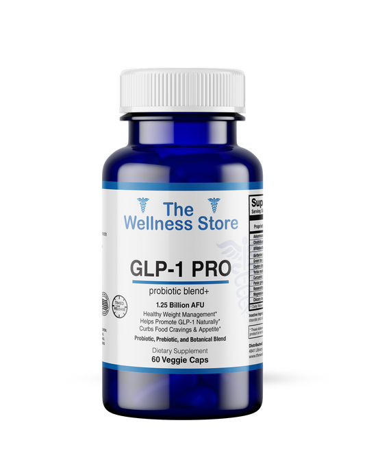 Bottle of GLP-1 PRO supplement from The Wellness Store on a white background