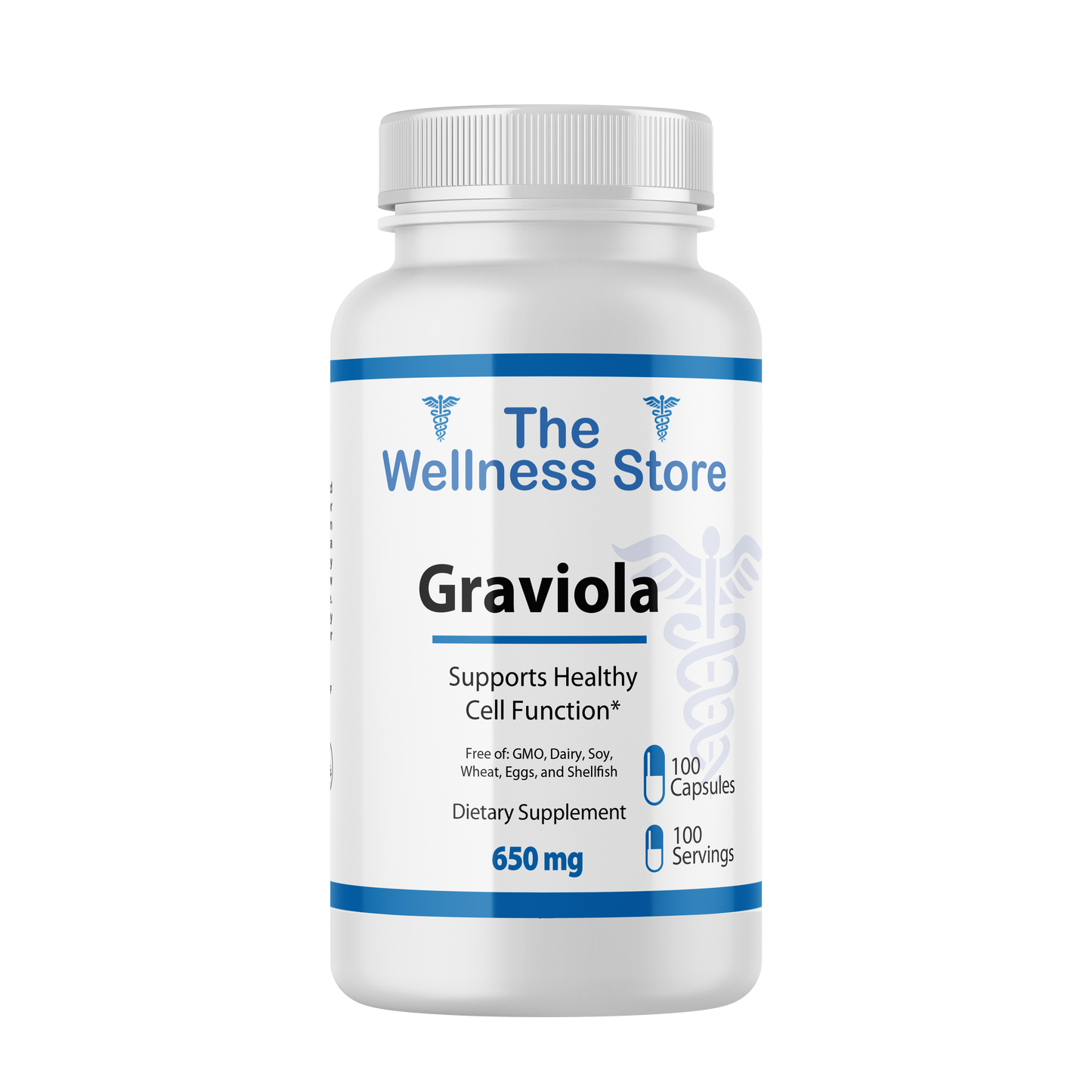 Supplement bottle labeled 'Graviola' Supports Healthy Cell Function from The Wellness Store on a white background