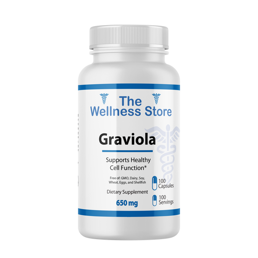 Supplement bottle labeled 'Graviola' Supports Healthy Cell Function from The Wellness Store on a white background
