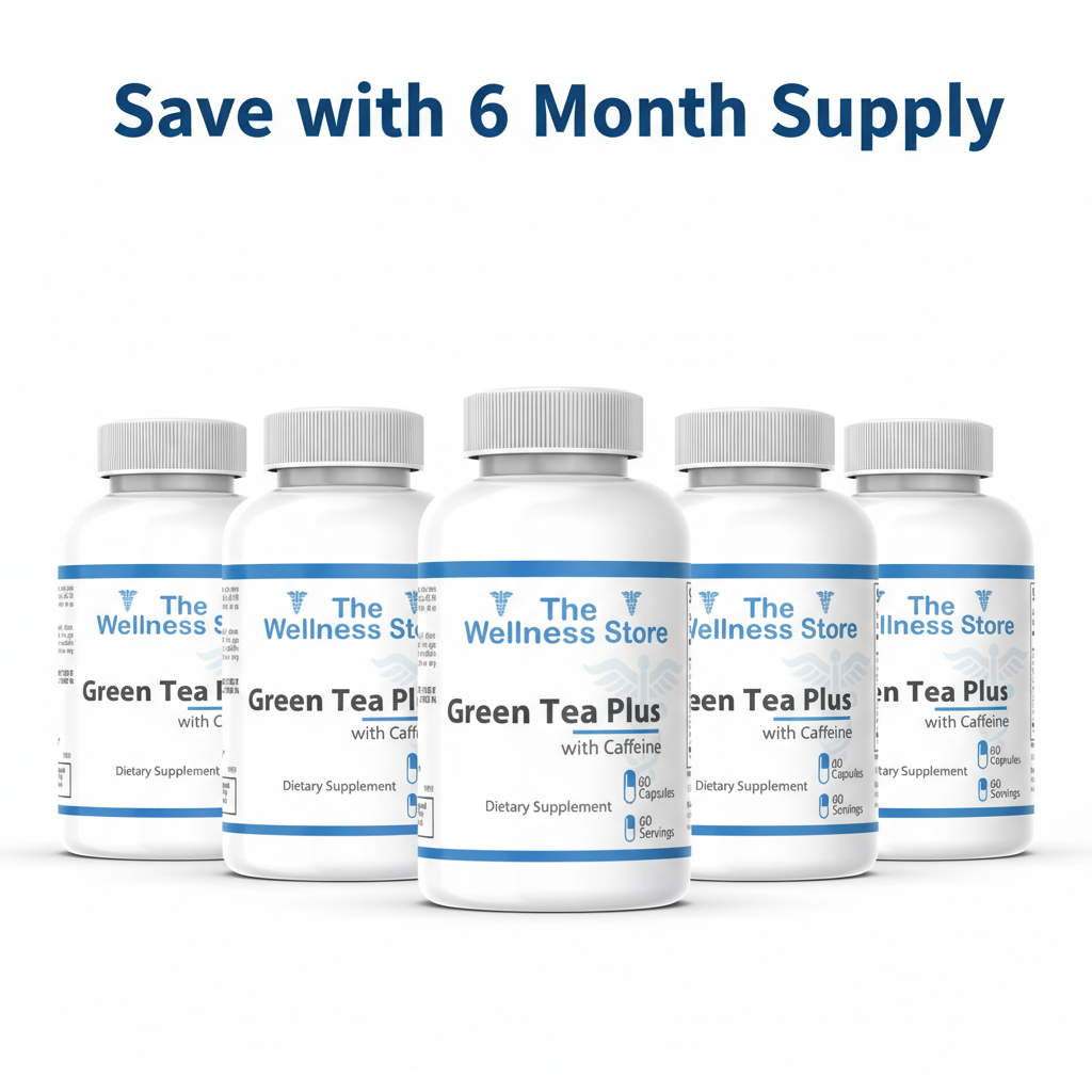 6 bottles Green Tea Plus with Save with 6 Month Supply text
