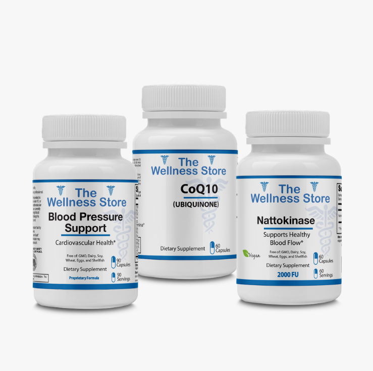 3 bottles of Heart/Cardiovascular supplements from The Wellness Store on a white background
