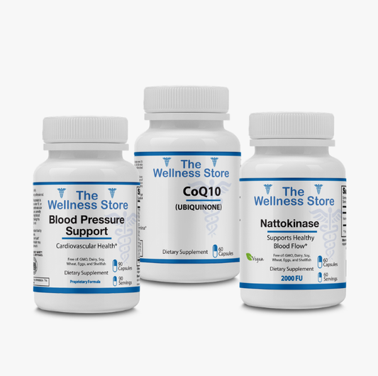 3 bottles of Heart/Cardiovascular supplements from The Wellness Store on a white background