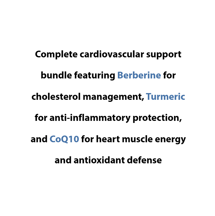 Text describing a cardiovascular support bundle with Berberine, Turmeric, and CoQ10 on a white background.