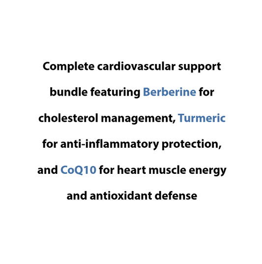 Text describing a cardiovascular support bundle with Berberine, Turmeric, and CoQ10 on a white background.