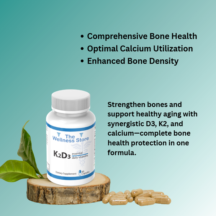 Supplement bottle labeled 'K2D3' from 'The Wellness Store' on a wooden block with leaves, on a teal background.