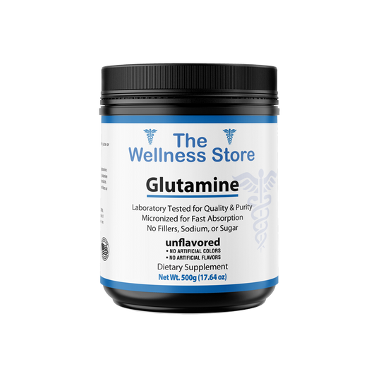Glutamine supplement container from The Wellness Store on a white background
