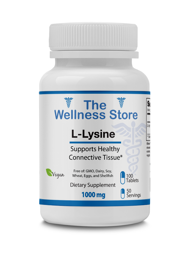 L-Lysine 1000mg supplement for immune defense, collagen support, skin and hair health, tissue repair, and bone strength bottle from The Wellness Store.