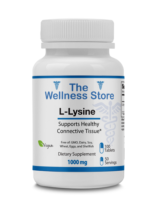 L-Lysine 1000mg supplement for immune defense, collagen support, skin and hair health, tissue repair, and bone strength bottle from The Wellness Store.