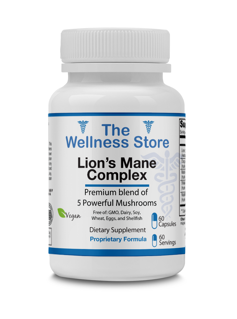 Supplement bottle labeled 'Lion's Mane Complex' from The Wellness Store on a white background
