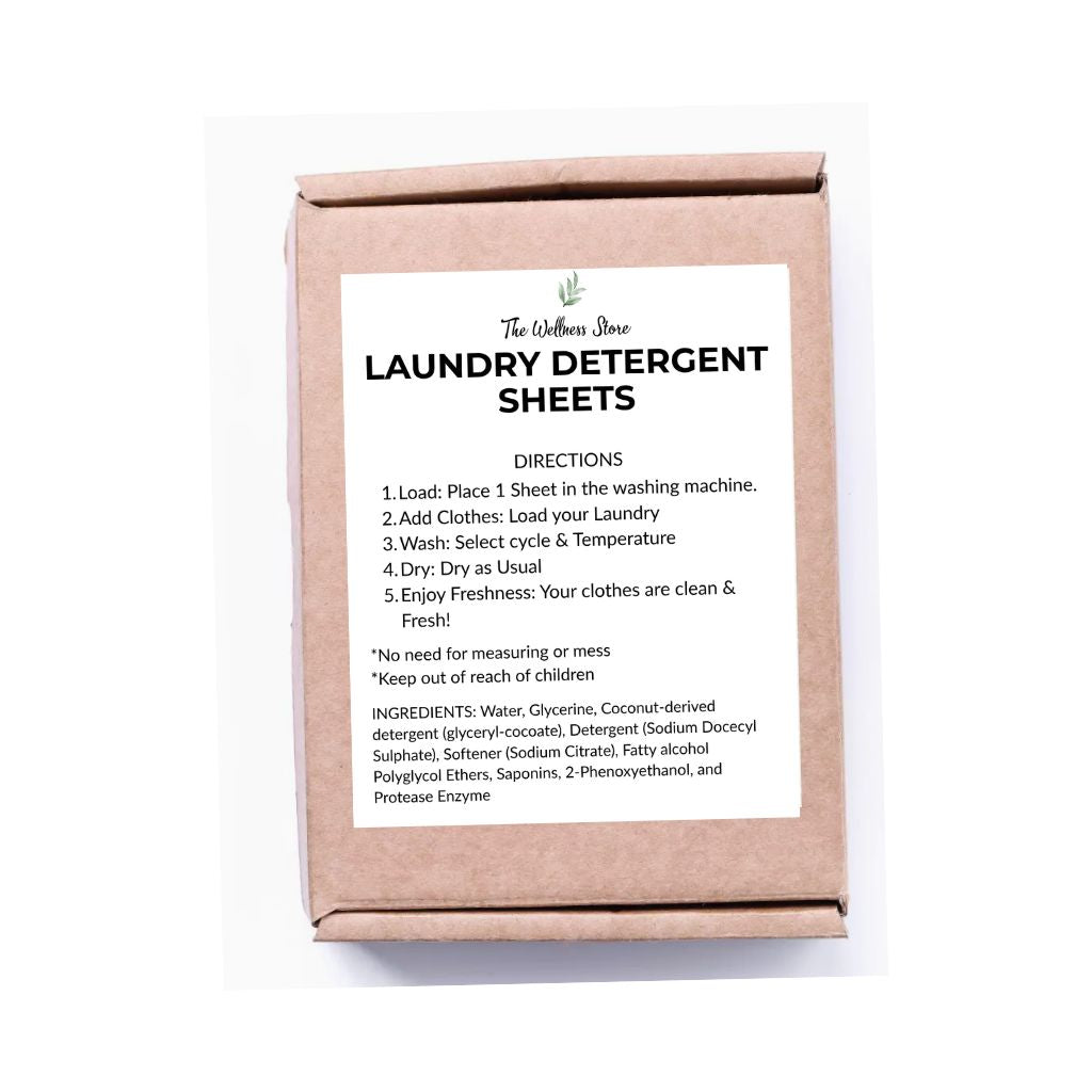 Box of laundry detergent sheets with directions and ingredients on a white background