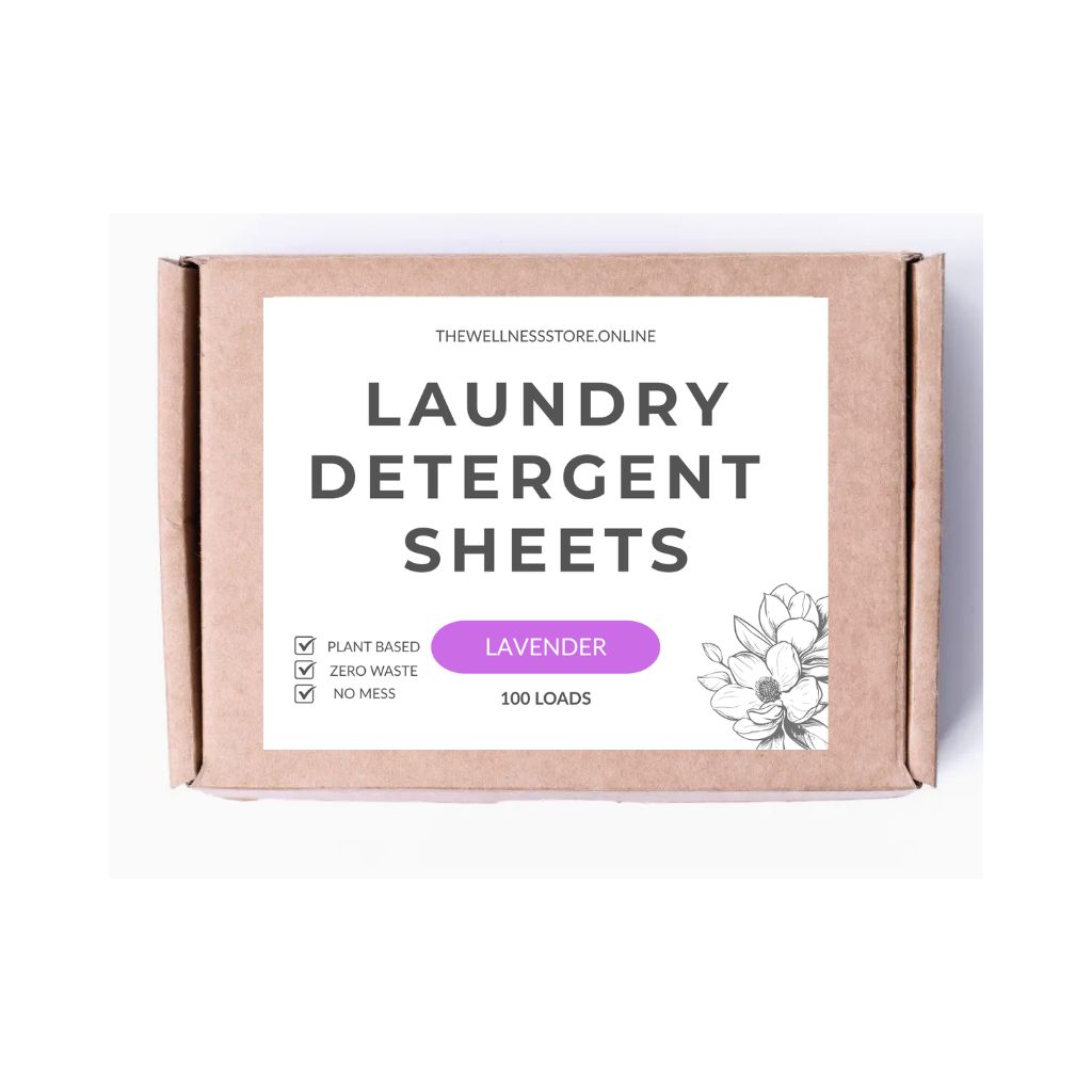 Box of laundry detergent sheets with lavender scent on a white background