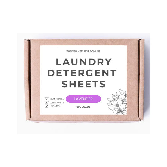 Box of laundry detergent sheets with lavender scent on a white background