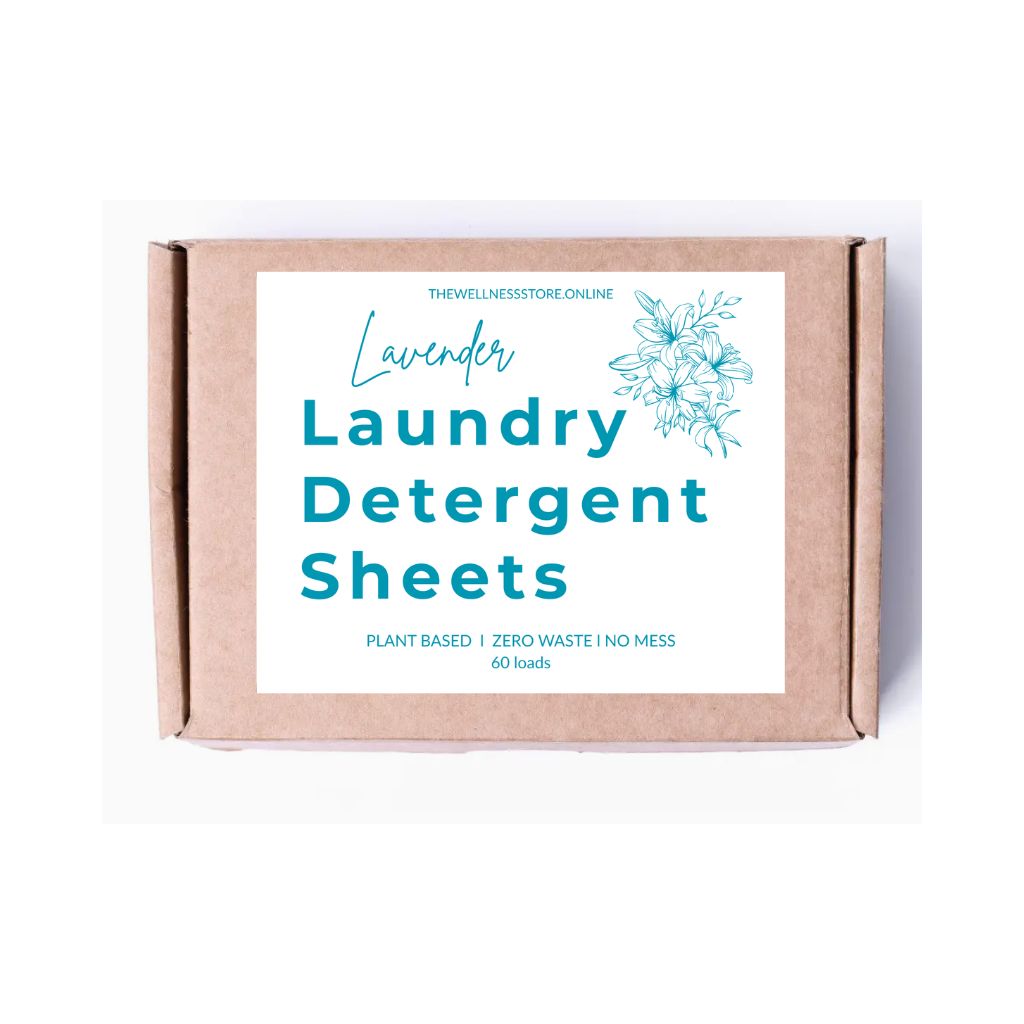 Box of lavender laundry detergent sheets with branding on a white background