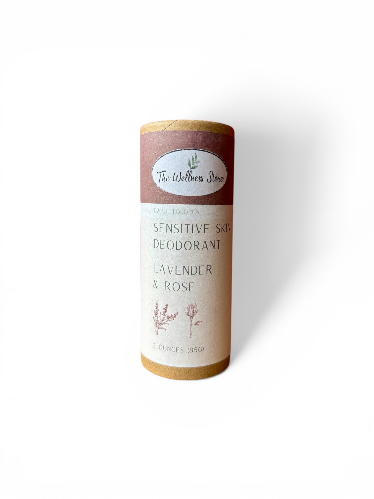 Natural SeDeodorant stick with lavender and rose scent on a white background