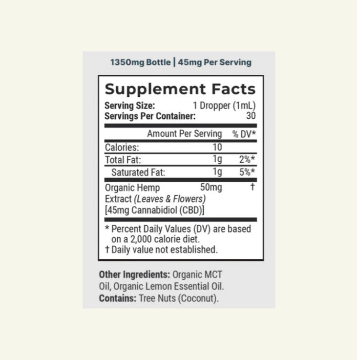 Supplement facts label for a product with CBD content on a white background