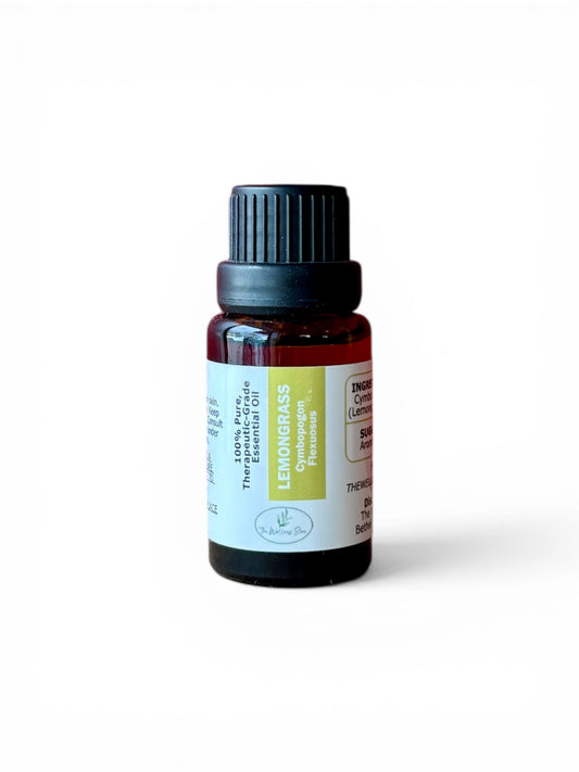 Lemongrass therapeutic‑grade essential oil bottle from The Wellness Store on a white background