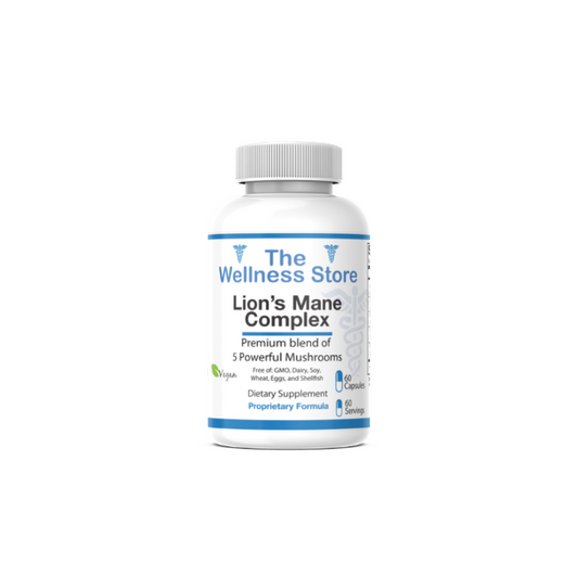 Supplement bottle labeled 'Lion's Mane Complex' from 'The Wellness Store' on a white background