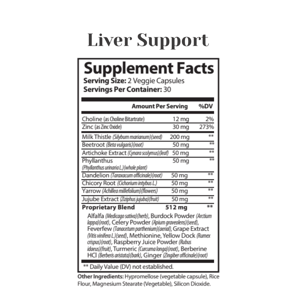 Supplement label for liver support with ingredients and serving size on a white background