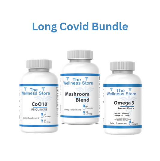 Three supplement bottles from The Wellness Store on a white background with 'Long Covid Bundle' text.