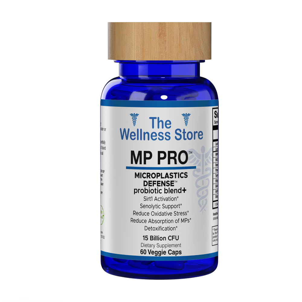 MP Pro Microplastics Defense supplement bottle by The Wellness Store - 60 veggie capsules with 15 billion CFU probiotic blend