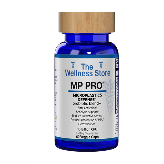 MP Pro Microplastics Defense supplement bottle by The Wellness Store - 60 veggie capsules with 15 billion CFU probiotic blend