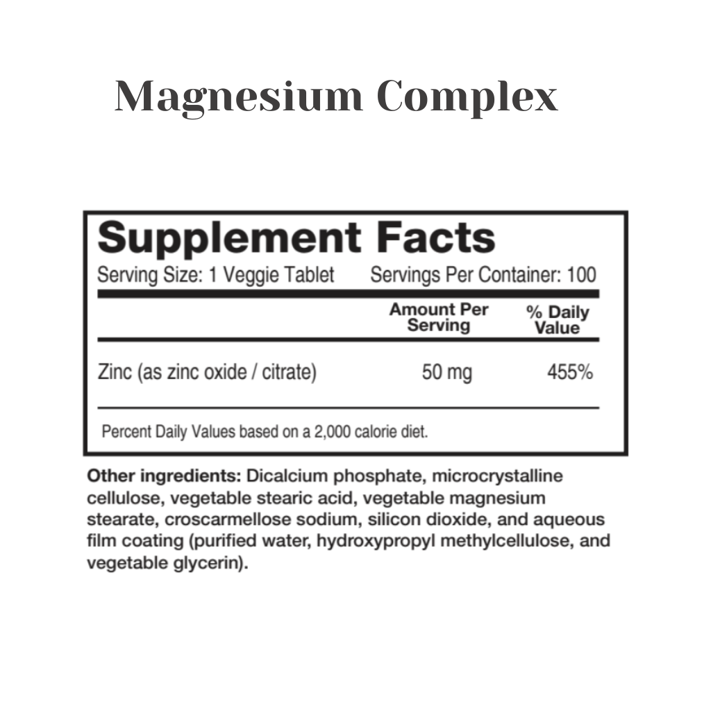 Supplement facts label for a magnesium complex product on a white background