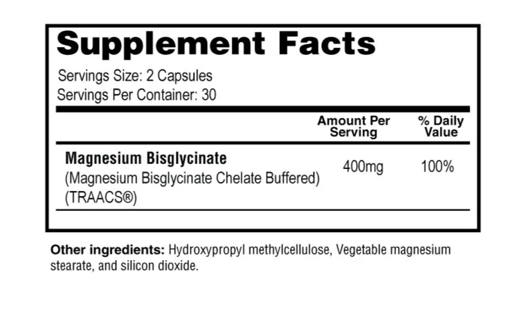 Supplement facts label with magnesium bisglycinate content on a white background