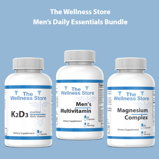 Three bottles of 'The Wellness Store' men's daily essentials bundle on a blue background