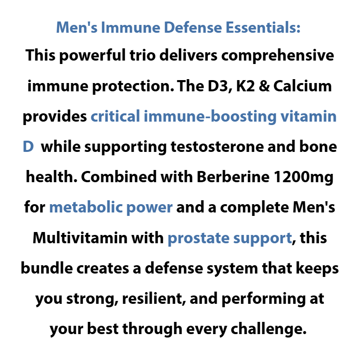 Text description of men's immune defense supplement bundle with key ingredients and benefits.