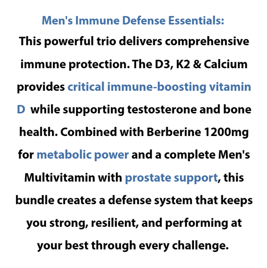 Text description of men's immune defense supplement bundle with key ingredients and benefits.