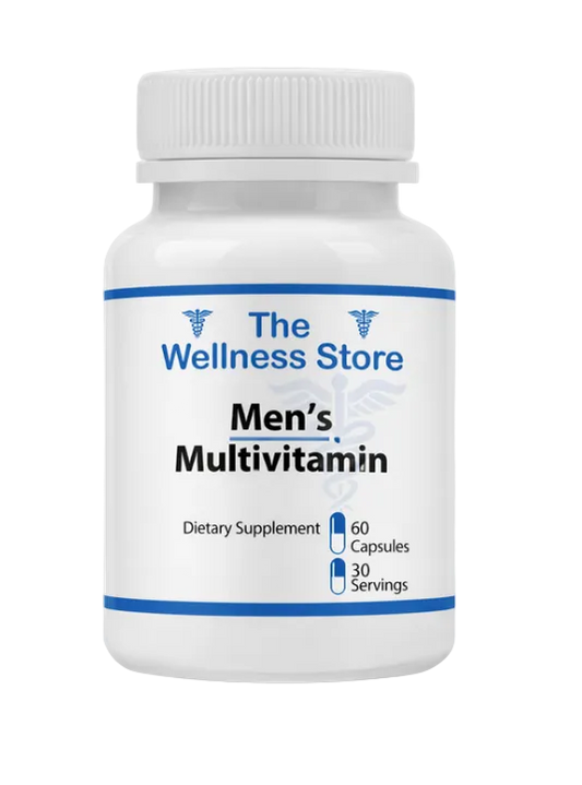 Men's multivitamin supplement bottle from The Wellness Store on a white background