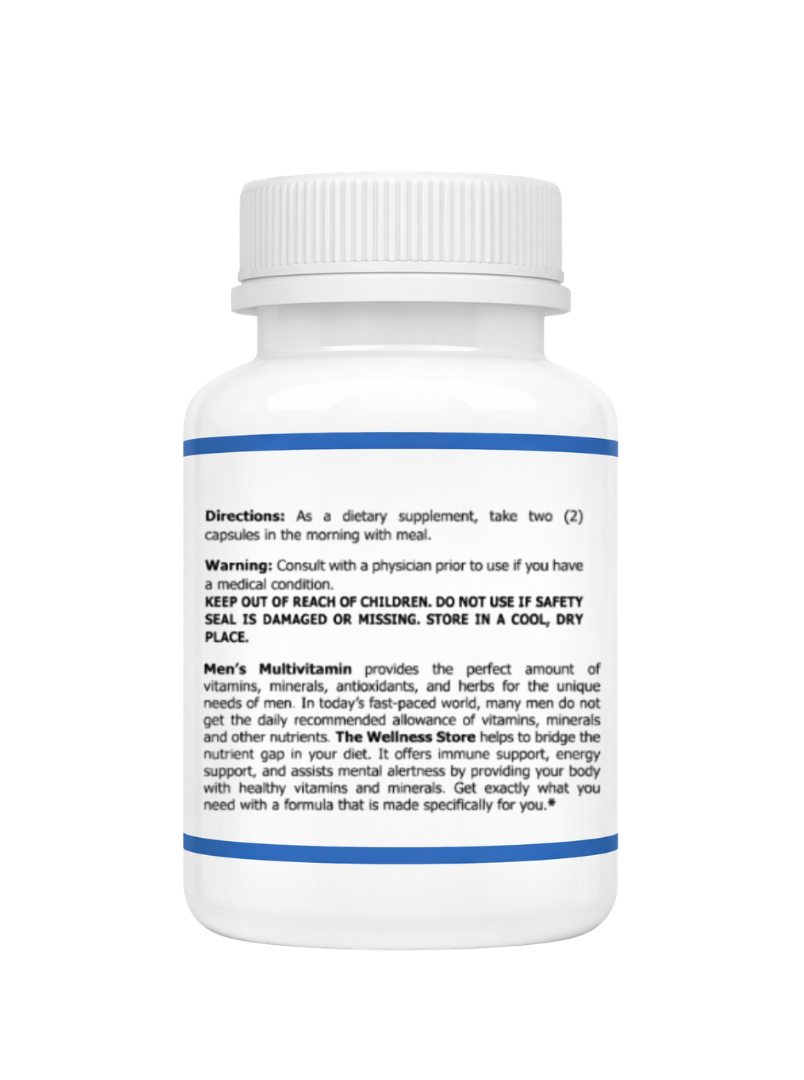 Men's Multivitamin supplement suggested use  bottle with label on a white background