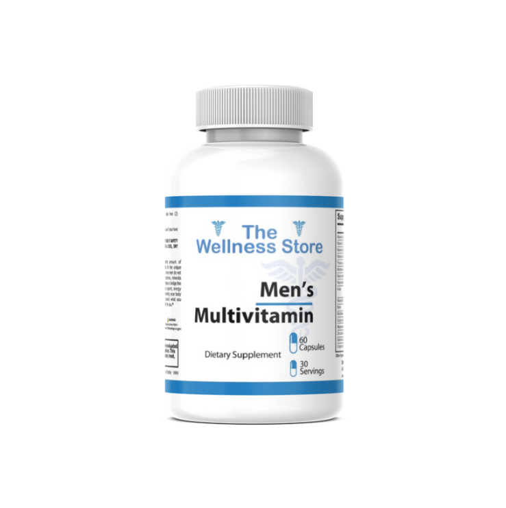 Men's multivitamin supplement bottle from The Wellness Store on a white background