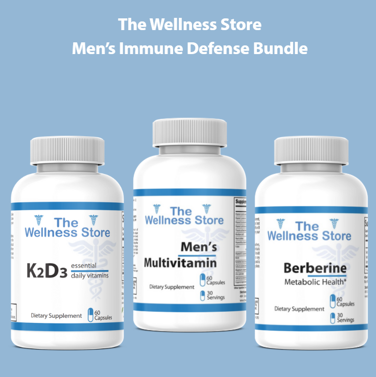 Three supplement bottles from The Wellness Store on a blue background