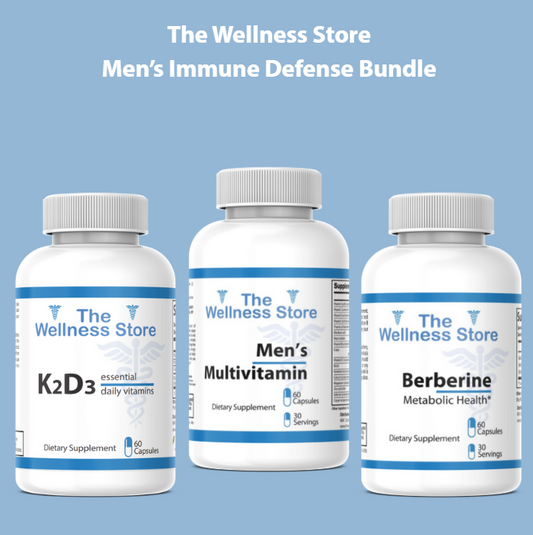 Three supplement bottles from The Wellness Store on a blue background
