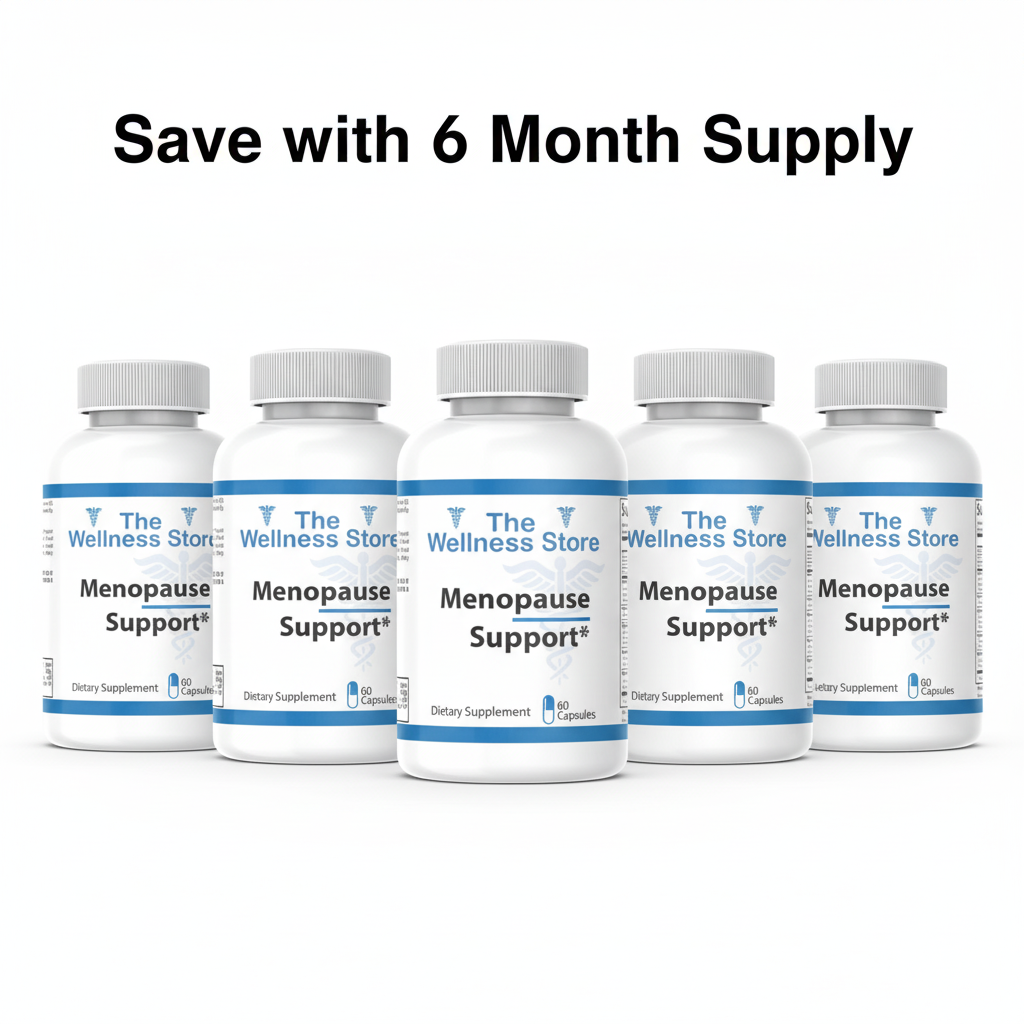 6 bottles Menopause Support with "Save with 6 Month Supply" text