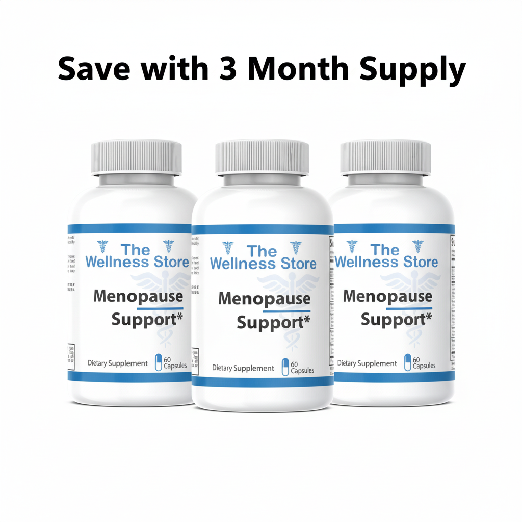3 bottles Menopause Support with "Save with 3 Month Supply" text